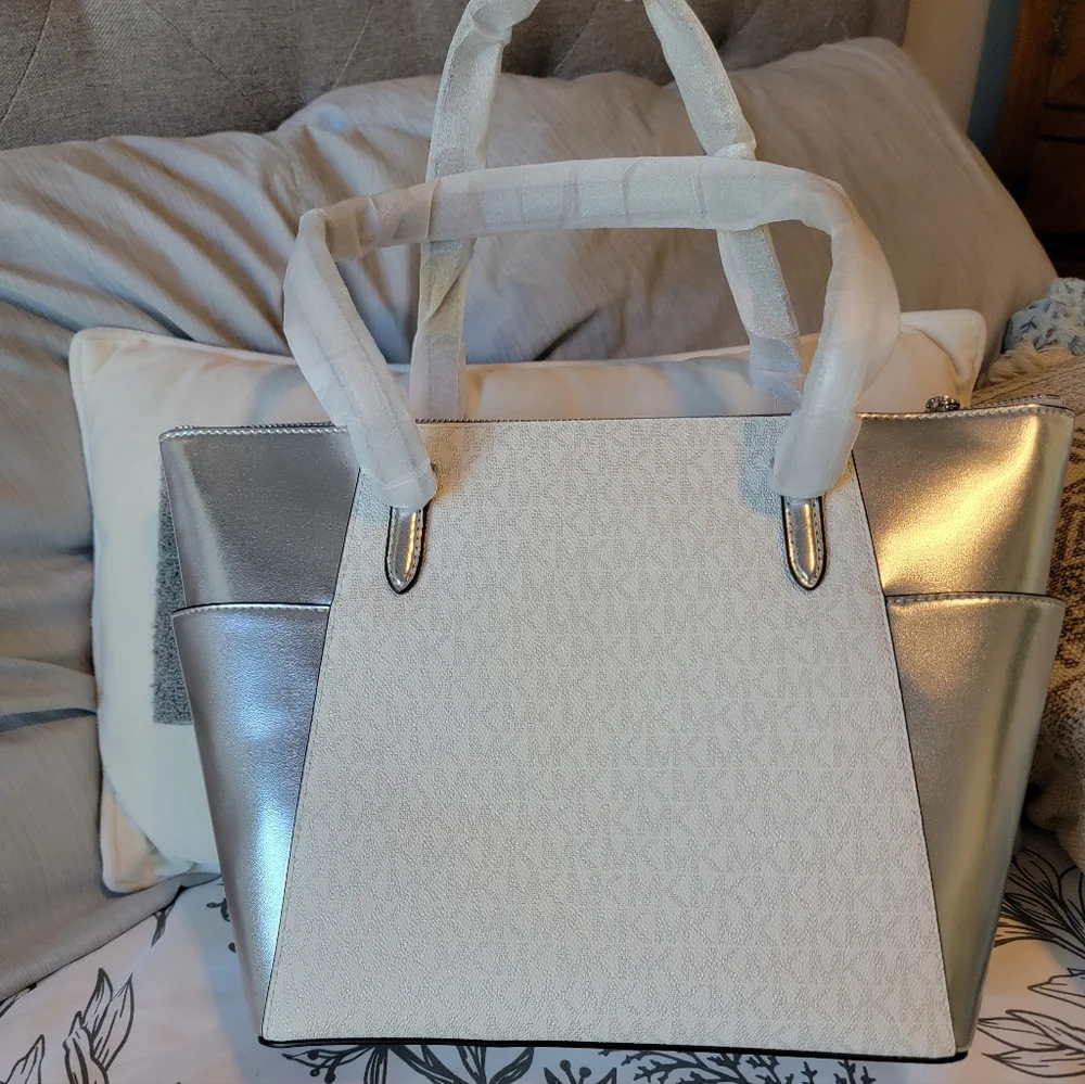 Michael Kors Metallic Silver and White Tote NWT